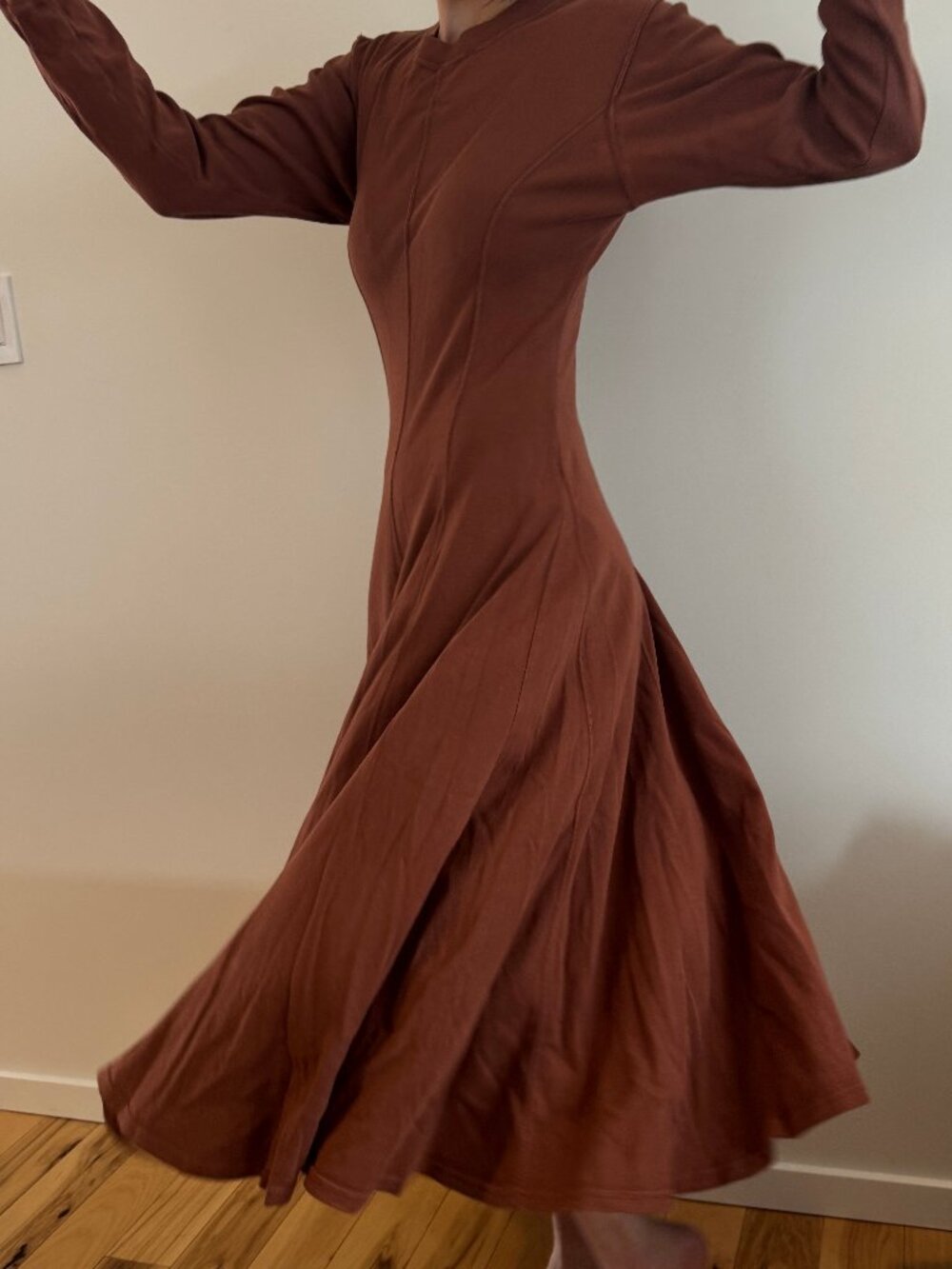 Vintage 100% Cotton Jersey Burnt Orange Swing Maxi Dress M Long Sleeve Crew